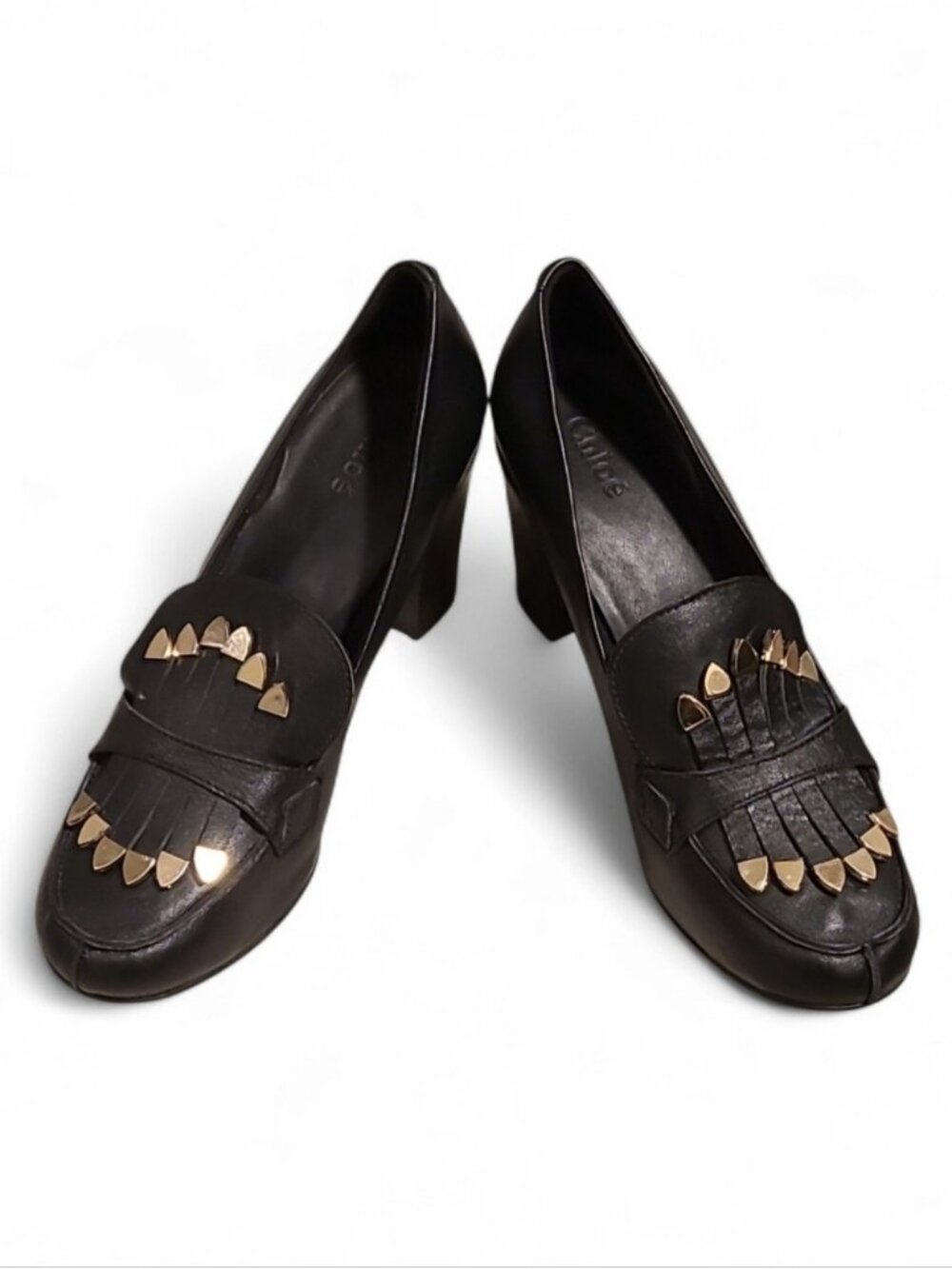 Chloe Black Fringe Gold Tip Block Heeled Leather Loafer Pumps Womens 41